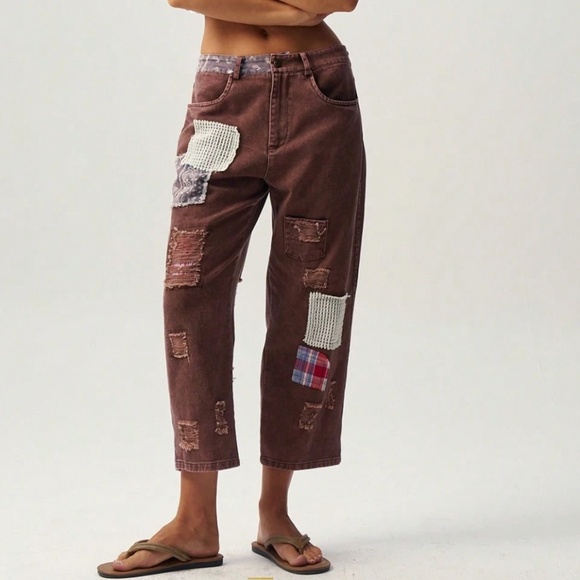 Western Distressed Paisley Lace patchwork Cropped Capri Denim Pants - Picture 1 of 6